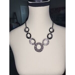 Gunmetal Textured Circle Rhinestone Statement Bib Necklace Dark Metallic Gray